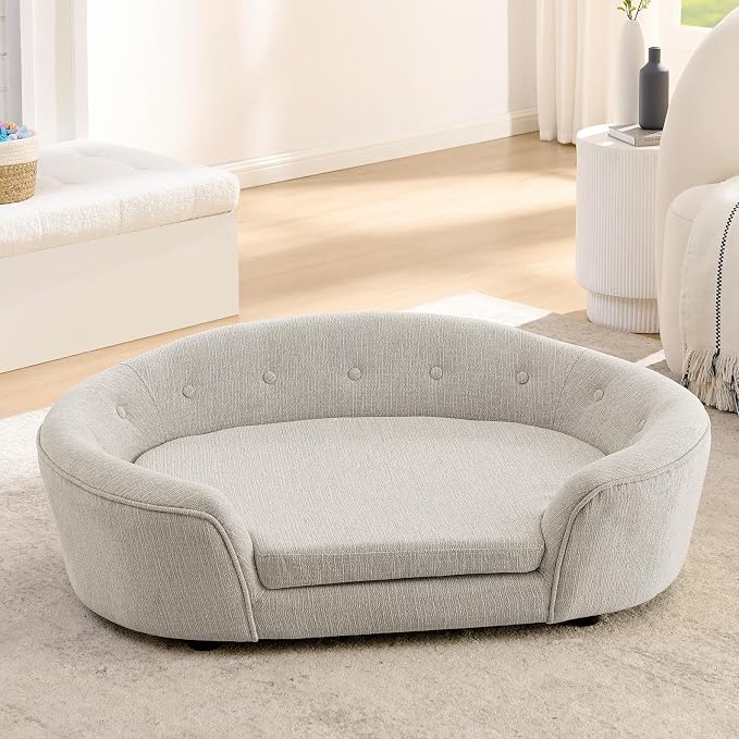 Dog Couch Bed with Oval Semi-Enclosed, Durable Linen Material Pet Sofa Couch with Soft Foam Cushion, Dog Sofa Bed with Legs for Medium Dogs, Beige