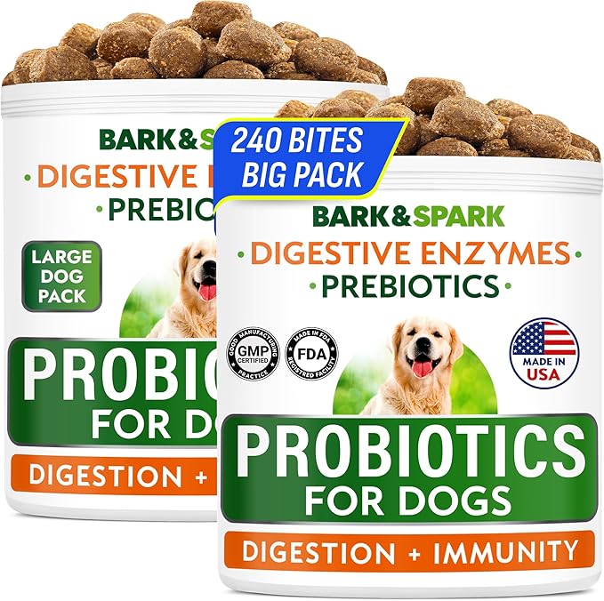 BARK&SPARK Dog Probiotics & Digestive Enzymes (Gut Health) Allergy & Itchy Skin - Pet Diarrhea Gas Treatment Upset Stomach Relief, Digestion Health Prebiotic Supplement Large Dog Treats (240Ct Bacon)