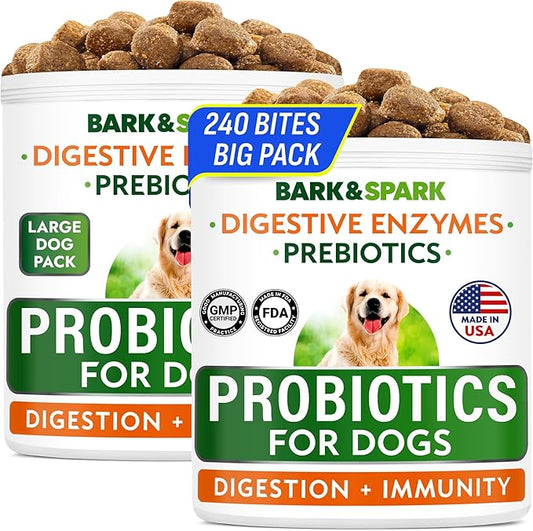 BARK&SPARK Dog Probiotics & Digestive Enzymes (Gut Health) Allergy & Itchy Skin - Pet Diarrhea Gas Treatment Upset Stomach Relief, Digestion Health Prebiotic Supplement Large Dog Treats (240Ct Bacon)