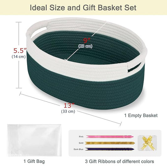 Small Woven Basket with Gift Bags and Ribbons, Empty Baby Gift Baskets for Kids Women Men, Shelf Storage, Small Cat Dog Pet Toy Boxes, 13”x 9”x 5.5”, Dark Green