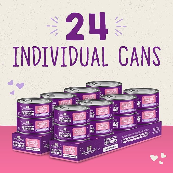 Stella & Chewy's Carnivore Cravings Savory Shreds Cans – Grain Free, Protein Rich Wet Cat Food – Cage-Free Chicken & Wild-Caught Salmon Recipe – (2.8 Ounce Cans, Case of 24)