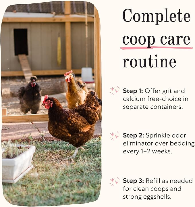 Grubbly Farms Coop Necessities Bundle - Chicken Grit, Layer Calcium & Coop Conditioner - Proper Digestion, Strong Eggshells & Odor Control - Rose Quartz Grit, Aragonite Calcium, Deodorizer