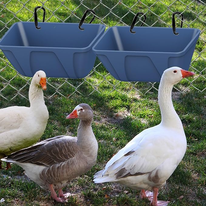 mozoba Hanging Chicken Feeder Trough for Goat Sheep Deer Poultry Duck Chicken Fence Feeder Livestock Feeding Container Goats Supplies Feeders Waterer Bucket (Black and Blue)