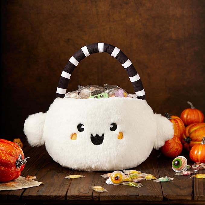 Halloween Plush Treat Basket, Halloween Candy Basket, Trick-or-Treat Bag(White Ghost)
