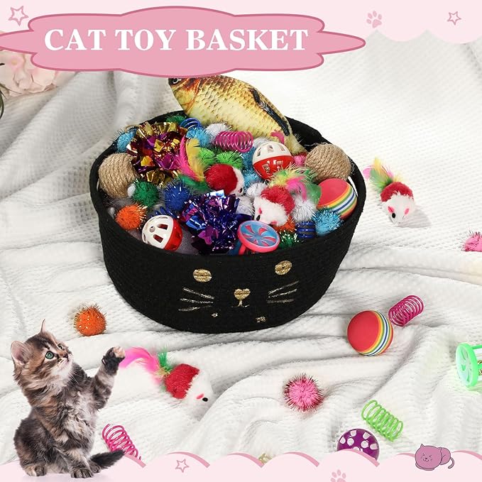Zopeal 58 Pcs Mother’s Day Cat Storage Basket Gift Toys Set, Colorful Flashing Balls Pet Bell Crinkle Balls Spring Toys Attract Cat to Swat, Hunt, Interactive for Pet(Black,9.8 Inch)