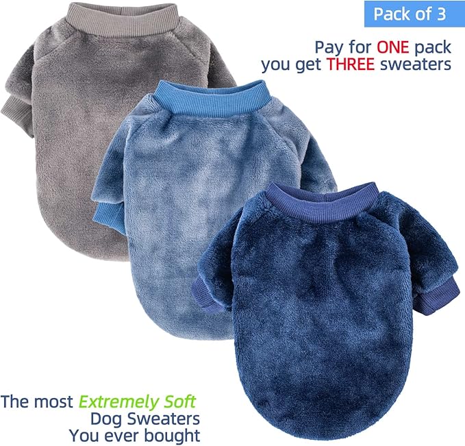 FabriCastle Small Dog Sweater, 3-Pack Dog & Cat Clothes, Soft and Warm Pet Jackets for Small Dogs Boy & Girl, Winter Pet Apparel Costumes, Puppy Outfits (Grey,Blue,Dark Blue, X-Large)