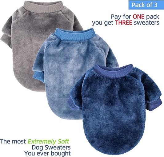 FabriCastle Dog Sweater, 3-Pack Dog & Cat Clothes, Ultra Soft and Warm Pet Jackets XXS XS for Small Dogs Boy & Cats, Winter Pet Apparel Costumes, Puppy Outfits (Grey,Blue,Dark Blue, XX-Small)