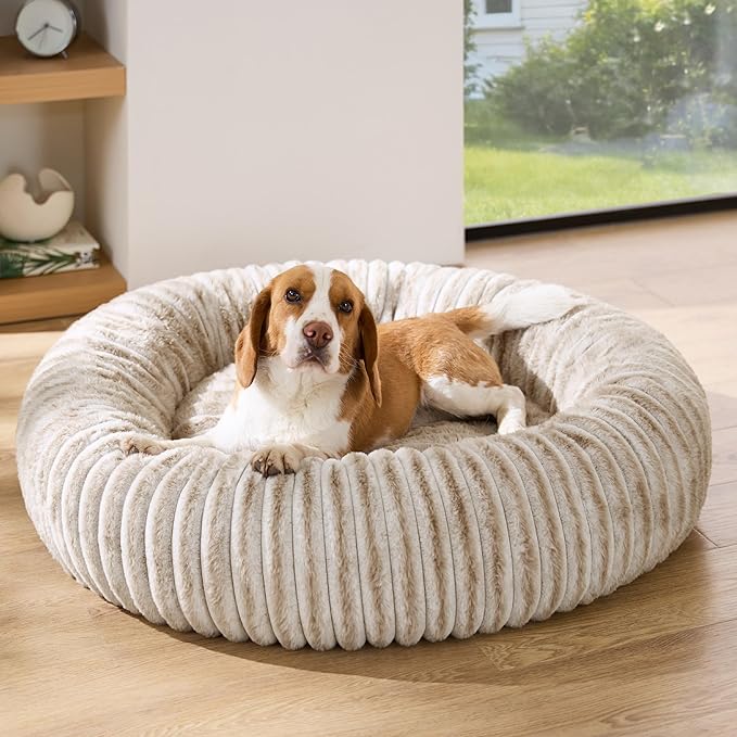 Bedsure ComfyFleece™ Donut Large Dog Bed - Washable Faux Fur with Corduroy Fleece & Anti Slip Bottom, Round Pet Bed with Removable Cover, Amphora, 36x36x8 inches