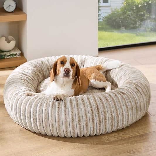 Bedsure ComfyFleece™ Donut Large Dog Bed - Washable Faux Fur with Corduroy Fleece & Anti Slip Bottom, Round Pet Bed with Removable Cover, Amphora, 36x36x8 inches