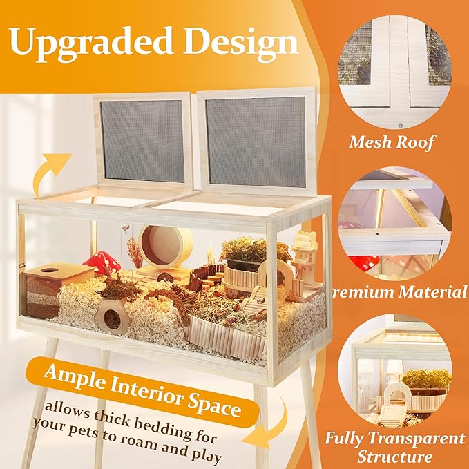 PROLEE Hamster Cage Chewproof, Mice and Rat Habitat with Transparent Sides, Hamster Cage with Openable Mesh Top, Solid Built with Lock Design and Leg Stand, 40" inch