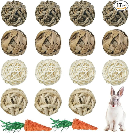 kathson 17 Pcs Natural Rabbit Chew Toys Guinea Pig Toys Small Animal Play Ball Bunny Activity Chinchilla Rolling Toy Gnawing Treats Grass Balls for Pet Rat Hamsters Gerbils Mice Cage Entertainment