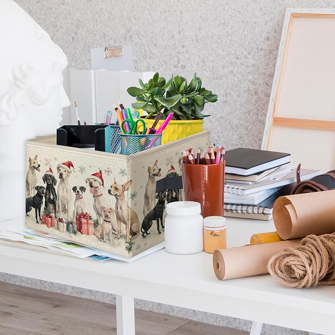 Christmas Dog Foldable Storage Bins Box with Handles, Dog Lovers Gifts, Winter Christmas Santa Dogs Snowflake Holiday Collapsible Toys Books Clothes Organizer Basket for Bedroom Bathroom