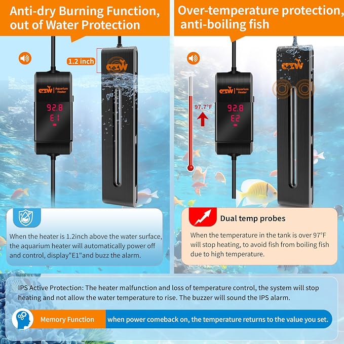 azw Aquarium Heater, 100W Fish Tank Heater for 25-45 Gallon with Digital LED Controller, Frequency Conversion Energy Saving, IPS Anti-Boiling Fish, 7 Intelligent Protections for Freshwater/Saltwater