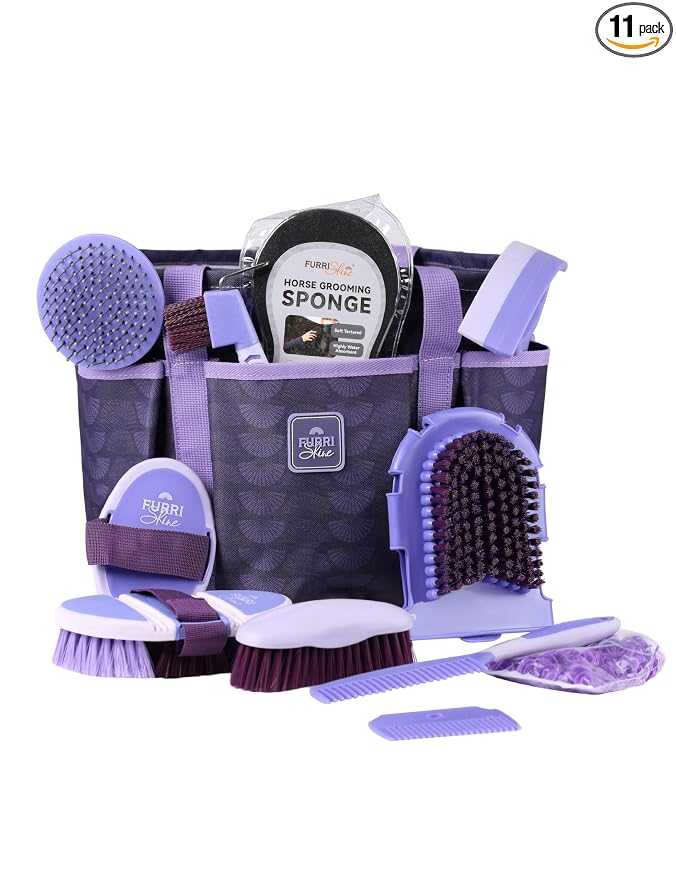 11-Piece Professional Horse Grooming Kit with Waterproof Tote Bag, Non-Slip Silicone Grip Brush Set, Curry Comb, Hoof Pick & Mane Comb Sugar Taro