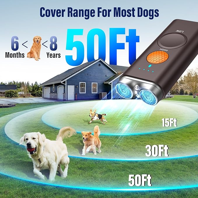 Dog Bark Deterrent Device, Anti Barking Device for Dogs Training Indoor Outdoor No More Bark Ultrasonic 2X Effective Emitters 50ft Range to Stop Neighbors Dog Barking Rechargeable for All Dogs