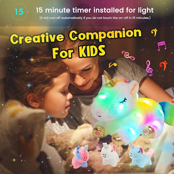 Hopearl LED Musical Stuffed Unicorn Playset Lighting Up Singing Plush Toy Mommy Unicorn with 3 Baby Unicorns in her Tummy Adjustable Volume Lullaby Animated Soothe Gifts for Kids Girls, White, 19''
