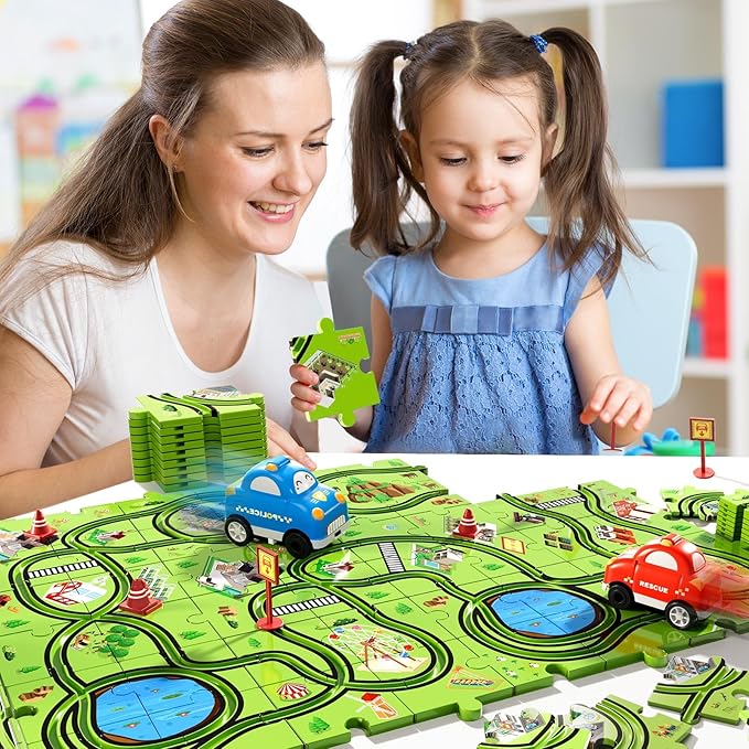 Beby Buty 48PCS Puzzle Race Track Car Set for Toddlers Kids Boys, Toddler Toys Birthday Gifts for 3 4 5 6 Years Old Boys and Girls, Floor Puzzle Tracks Car Toys for Ages 3-5 4-6
