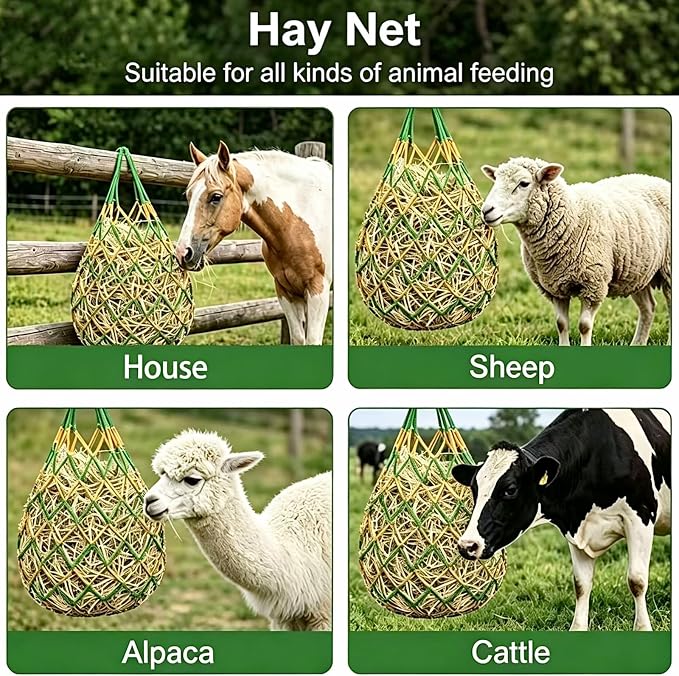 3 PCS Hay Bags for Horses with Carabiners - Heavy Duty Slow Feeder Hay Nets, 2.3-Inch Hole for Horses & Goats, Reduces Waste, Stall Trailer Pasture