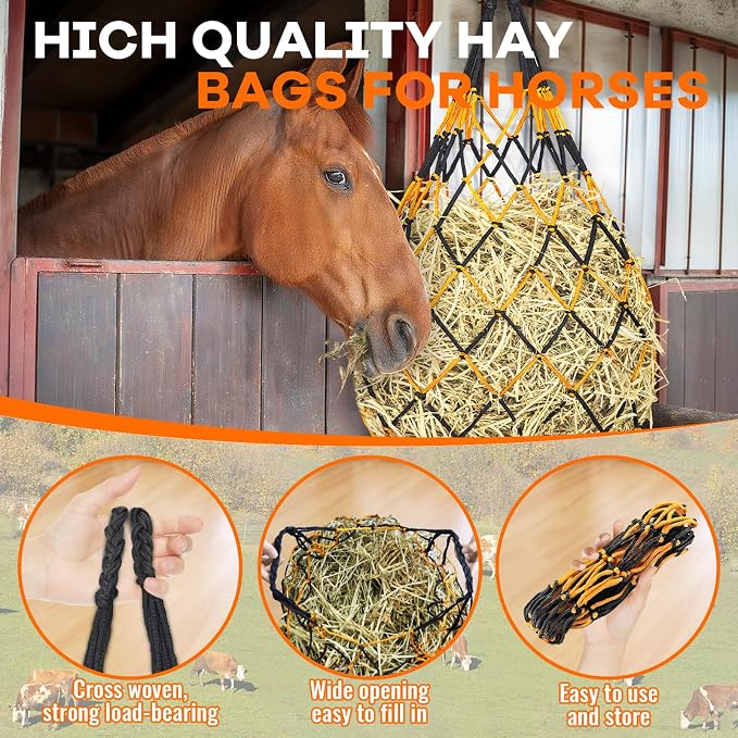 YedsIntu 3 Pcs Hay Bags for Horses, Hay Nets for Horses Goat Sheep,Goat Hay Feeder for Slower Feeding,Strong Load-Bearing Hay Bag Hanging for Horse Stable Trailer (Black and Yellow)