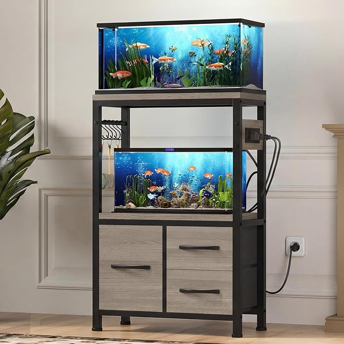 Heybly 5-10 Gallon Fish Tank Stand, Aquarium Stand with Drawer, Power Outlet, Heavy Duty Metal Frame, for Fish Tank, Turtle & Reptile Terrarium, 20.5" × 10.2" Top, 200lbs, Rustic Gray HAS002SSG