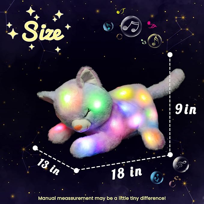 Hopearl LED Musical Stuffed Cat Lighting Up Singing Plush Toy Playset Mommy Cat with 3 Baby Kittens in her Tummy Lullaby Animated Soothe for Mom Kids Toddler Girls, Rainbow, 18''