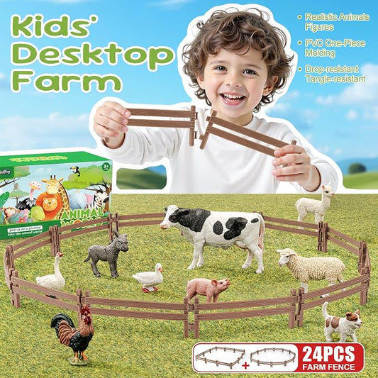 24PCS Farm Ranch Animal Fence Corral Toys for Kids Age 3-5 5-7 4-8 Years Olds Boys Girls, Educational Farm Animal Cake Toppers for Toddlers 3 4 5 6 7 8 9 10