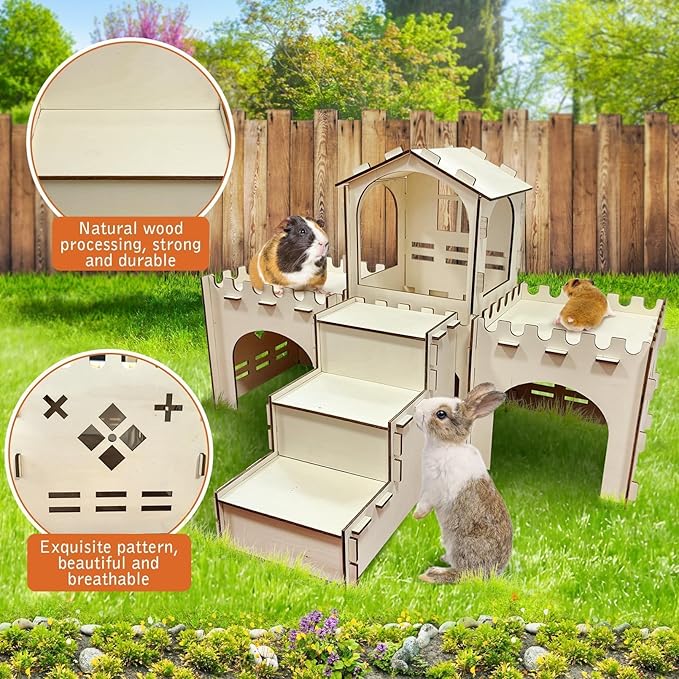 PINVNBY Extra Large Bunny Castles Hideout, Wooden Rabbit House Hide Climbing Detachable Indoor Wooden Hideaway Castle Tower Tunnel for Small Animal Guinea Pig Hamster Chinchilla Ferret