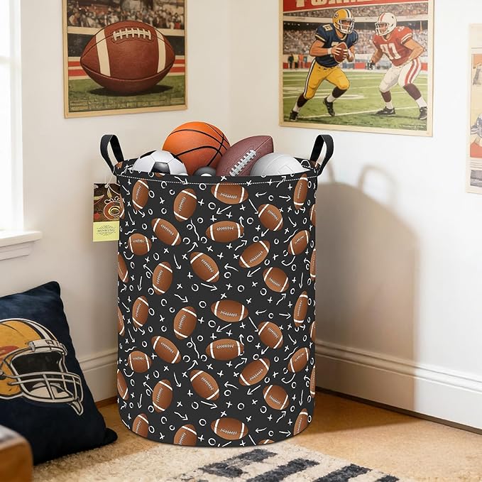 Collapsible Fabric Storage Basket, Waterproof Laundry Hamper with Handles, Round Storage Bin for Clothes Toys, Foldable Organizer for Bedroom Nursery Bathroom(Round-Rugby)