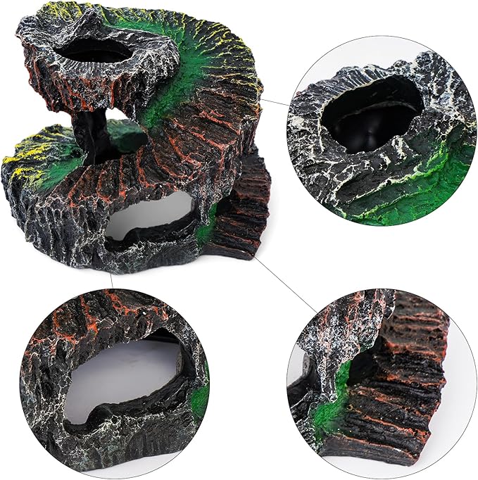 Aquarium Fish Tank Decorations, Montain Ornaments Accessories Decor for Small Aquarium, Spiral Staircase x 1pc, Aquatic Plants x 4pcs