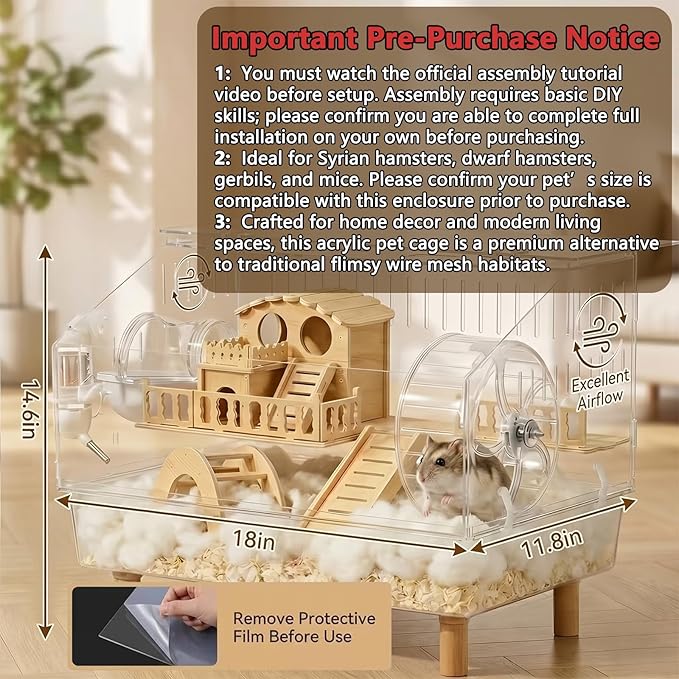 Clear Acrylic Hamster Cage - Easy to Clean All-in-One Habitat for Dwarf Hamsters, Mice and Gerbils, Includes 18cm Silent Wheel & Full Accessories, 18.5" x 11.8" x 14.6"