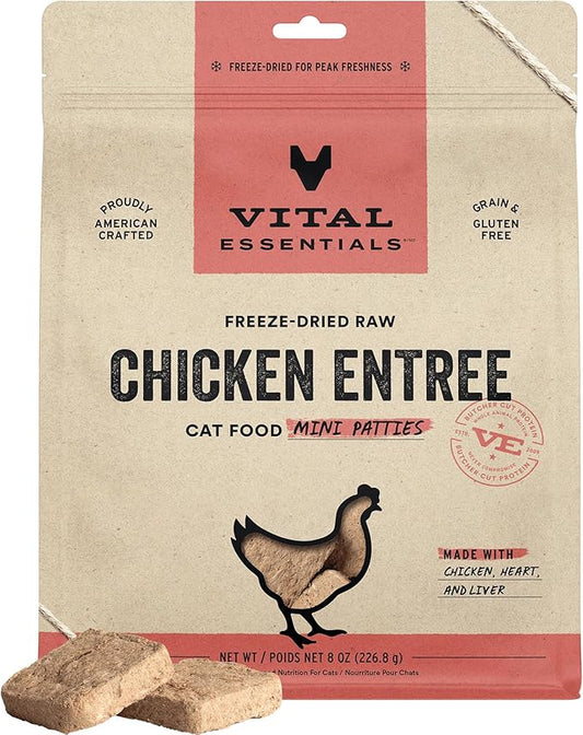 Vital Essentials Freeze Dried Cat Food, Raw Chicken Mini Patties | Complete Meal or Topper | Easy to Portion and Rehydrate | High Protein, Grain Free Dry Cat Food | 8 oz Bag