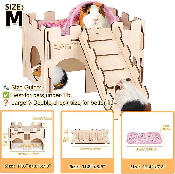 HIIMALEX Sturdy Guinea Pig Hideout Wooden Castle for Guinea Pig Chinchilla Hedgehog Gerbil Hamster Rat House Habitat for Playing and Hiding (Castle with Ramp & Mat)