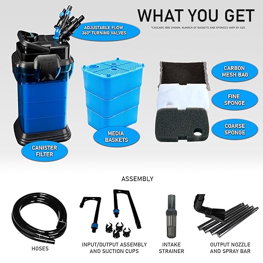 Penn-Plax Cascade 1000 Canister Filter - 265 GPH Aquarium Filter for Tanks Up to 100 Gallons - 360 Degree Flow Valves, Poly Fiber Pads, Bio-Sponge & Activated Carbon -Fresh & Saltwater -11.5x10x17in