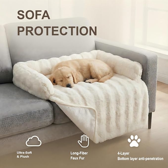 Calming Dog Bed for Couch, 29.5 x 29.5 inch Removable Couch Cover for Dogs Washable, Non-Slip Fluffy Plush Dog Sofa Mat for Furniture Protector (White)