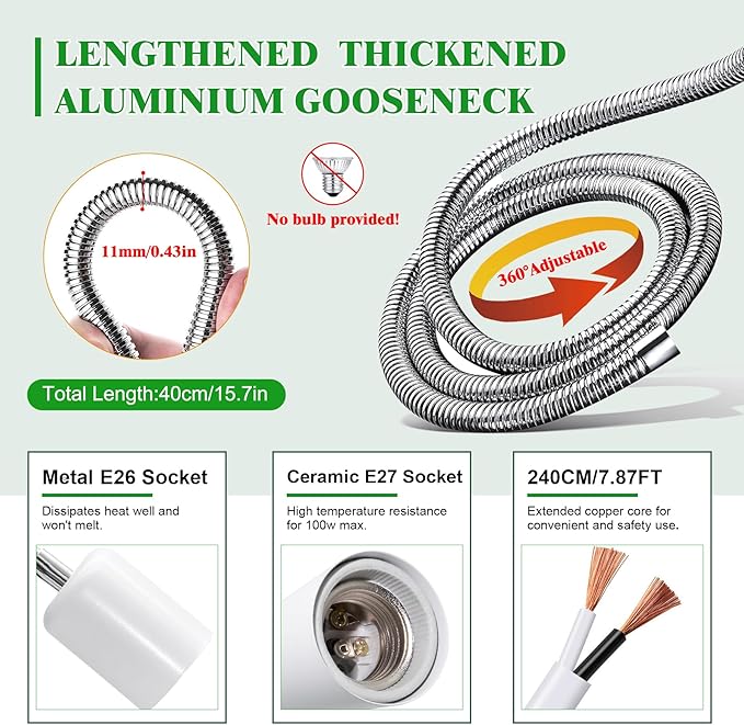 Reptile Heat Lamp,Tortoise Heat Lamp with 40CM Lengthened Gooseneck,Grow Light for Plant,Chick Basking Lighting,E27 Ceramic Lamp Holder,Clamp Light with Dimmable Switch,Metal Clip,for Lizards,No Bulb