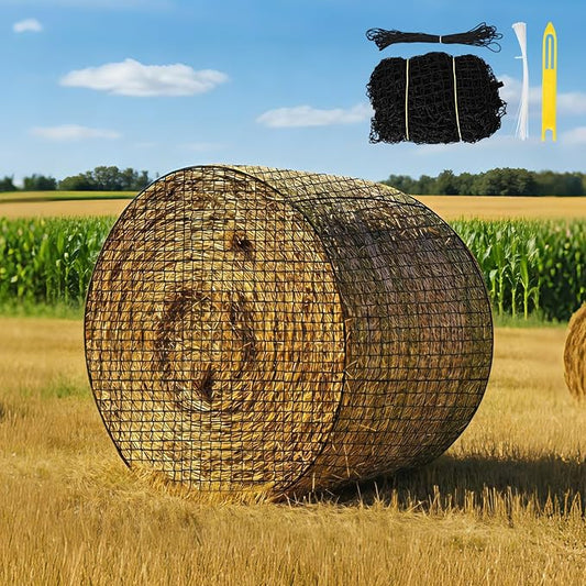 5×5 FT Round Bale Hay Net for Horses & Goats, Heavy Duty Knotless Slow Feed Hay Nets, 1.75" Mesh, Weather Resistant Round Bale Net with Repair Kit for Pasture and Barn