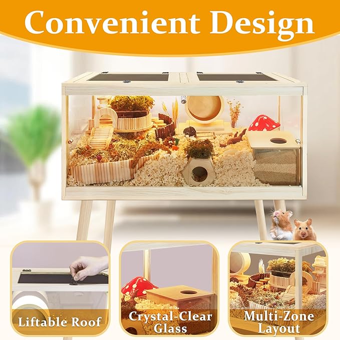 PROLEE Hamster Cage Chewproof, Mice and Rat Habitat with Transparent Sides, Hamster Cage with Openable Mesh Top, Solid Built with Lock Design and Leg Stand, 32" Long