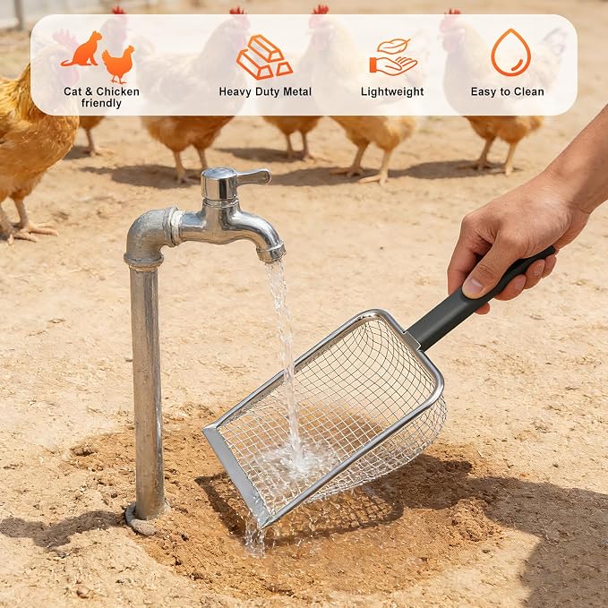 2 Pack Chicken Poop Scooper for Coop, Chicken Coop Shovel with 3.8mm (Fine) & 5mm (Medium) Mesh – Metal Rake & Scoop Tool with Hanger Hooks for Sifting Sand, Litter & Chicken Supplies