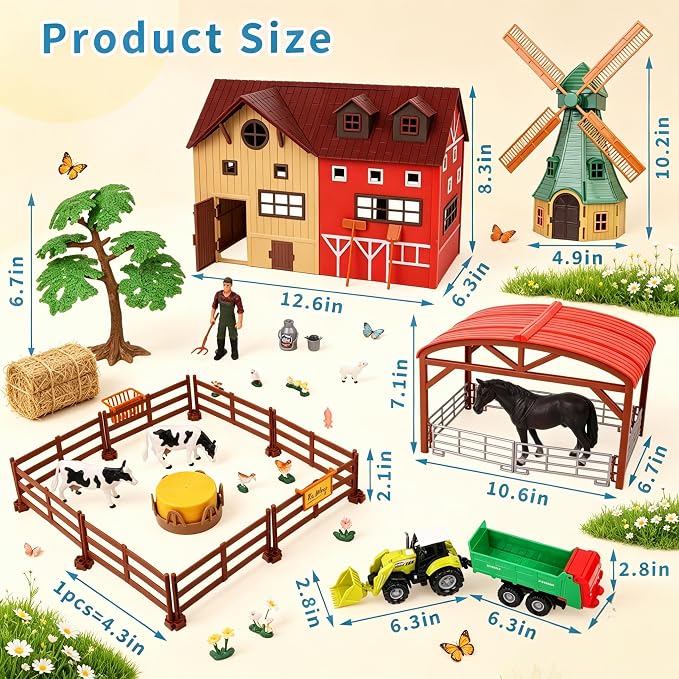 Peagprav Farm Animals Figurines Toys -140 pcs Toy Set Barn Toy Horse Stable Tractor Trailer Windmill Farmer Fence Playset for Kids Toddlers Boy Girl 3-7 Years Old