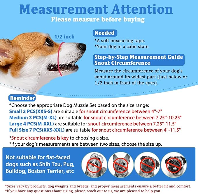 LUCKYPAW Dog Muzzle Suits for Small Medium Large Dogs, Mesh Muzzle Anti Biting Chewing, Breathable Mouth Cover Set with Adjustable Strap for Grooming Vet Visiting Training (7 PCS(XXS-XXL), Beige)