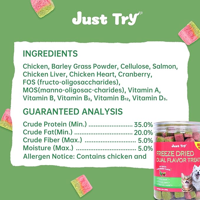 Just Try 3.52 oz Freeze Dried Cat Treats for Indoor Cats High Protein Training Treats Food Topper, Cat Grass Treats Hairball Control & Cranberry for Urinary Tract Health