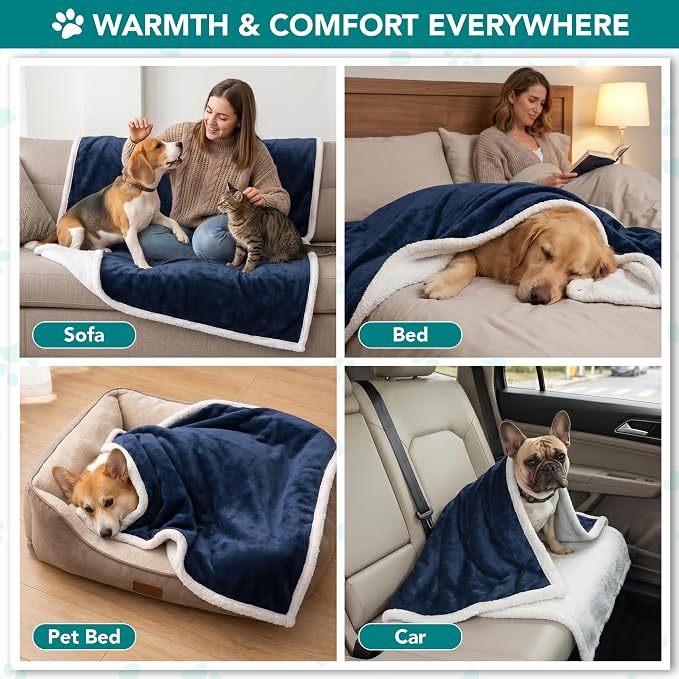 PetAmi Dog Blanket for Small Medium Dogs Cats Puppies Kittens, Soft Sherpa Fleece Pet Blanket Throw, Reversible Plush Couch Cover Protector for Crate Carrier Chair, Machine Washable, 40x29, Blue