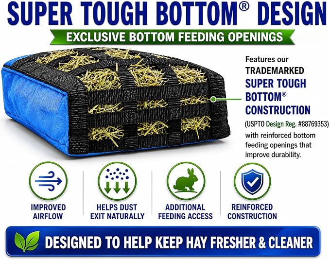 Rabbit & Guinea Pig Hay Bag Feeder with Super Tough Bottom® Design | Large 15" x 11" x 3" Hanging Hay Feeder | Organized Feeding | Made in USA Design (Black, Large 15" x 11" x 3")