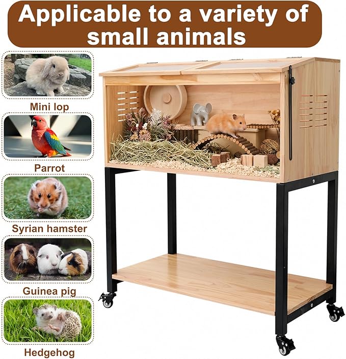 Hamster Cage with Storage, Wooden Hamster Cage, Pine, Guinea Pig Cages, Large Size 31.5"L x 16"W x 38.0"H, 2 Tiers Movable Hamster Cages with Storage Shelf for Guinea Pig, Chinchilla, Rat, Bunny, etc.