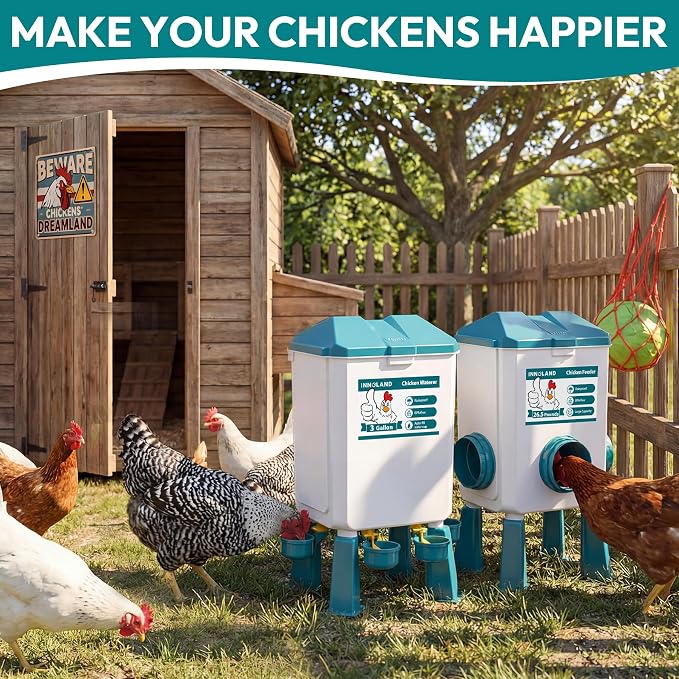 Chicken Feeder and Waterer Set - 3 Gallon/26.5 Pounds, Automatic Chicken Waterer with 4 Cups & 3 Feeder Ports, No Waste Poultry Feeders & Waterers, Chicken Coop Accessories for Hens/Ducks/Poultry
