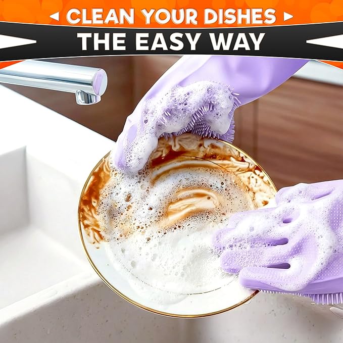 ALPENKOK Silicone Dishwashing Gloves with Scrubber – Non-Slip Silicone Gloves for Washing Dishes | Household Use