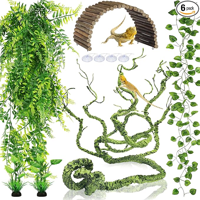 QUOZUO Bearded Dragon Tank Accessories, Terrarium Hanging Plant Vines Artificial Leaves Reptile Hide, Bridge Jungle Climber Reptile Vines for Snakes Bearded Dragon Chameleon Gecko Lizard