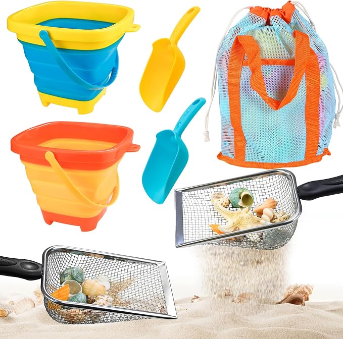 Beach Sand Toys with 2-Pack Collapsible Buckets & Shovels for Kids | Foldable Pail Bucket with Shovels & Mesh Bag, Large capacity, Potable for Shell Collecting Castle Building Summer Travel