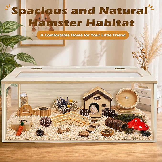 PROLEE Hamster Cage with Chewproof Wood Top, Guinea Pig Cages, Hamster Habitat with Clear Acrylic Sheets Solid Built, Small Animal Cage (Oak, 48X19.5X19.5 inch)