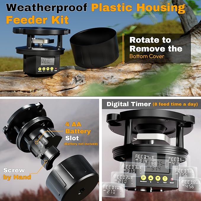 Deer Feeder Kit, 6V Feeder Kit, Feeder Motor & Timer Kit, Small-Size Game Feeder/Chicken Feeder, Sturdy Hunting Feeder Kit with Spinner/Digital Timer/Adjustable Arms/Batteries Slot/Solar Panel Port